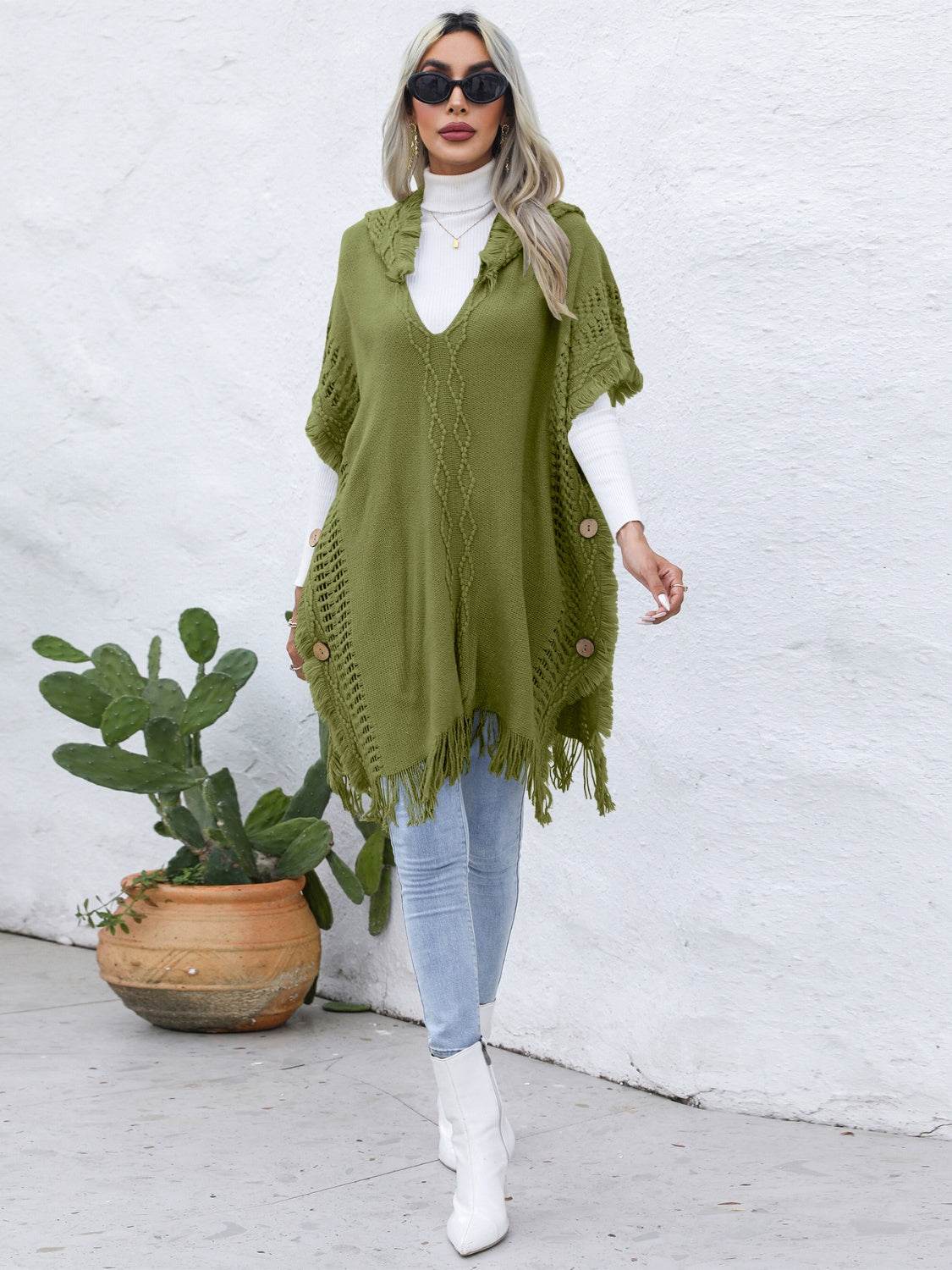 Fringe Trim Buttoned Hooded Poncho - Delanoir