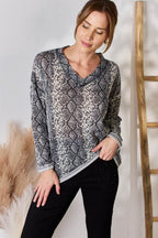 Hailey & Co Full Size Snakeskin V-Neck Long Sleeve Top - Delanoir