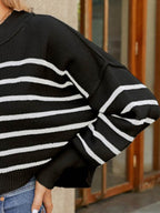 Round Neck Striped Lantern Sleeve Sweater - Delanoir
