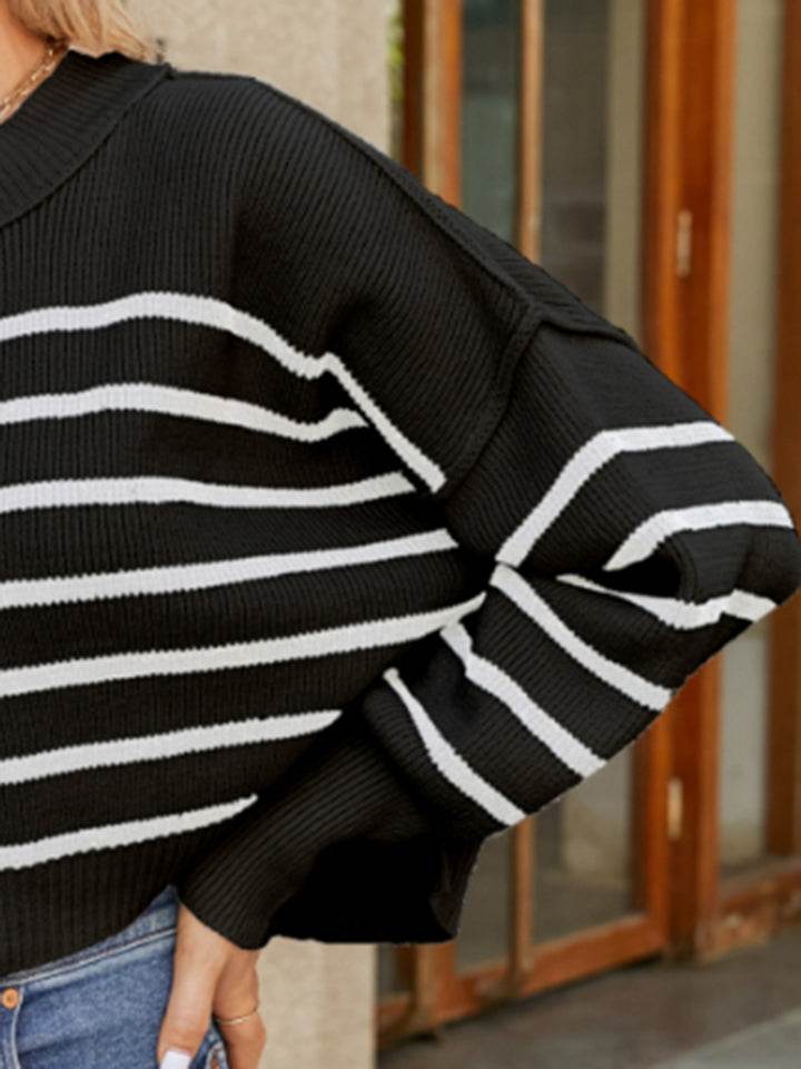 Round Neck Striped Lantern Sleeve Sweater - Delanoir