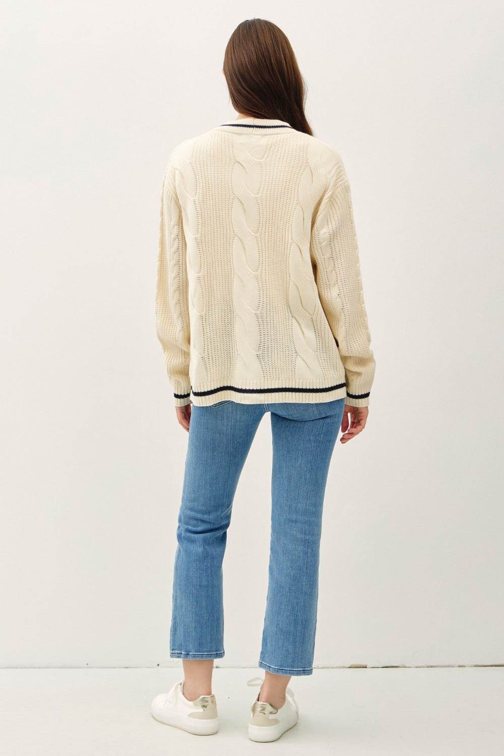 Be Cool Contrast Trim Cable-Knit V-Neck Cardigan - Delanoir