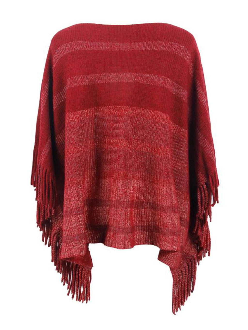 Striped Boat Neck Poncho with Fringes - Delanoir