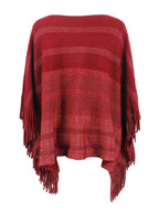 Striped Boat Neck Poncho with Fringes - Delanoir