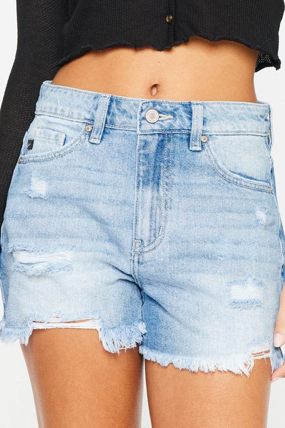 Kancan High Waist Frayed Denim Shorts - Delanoir
