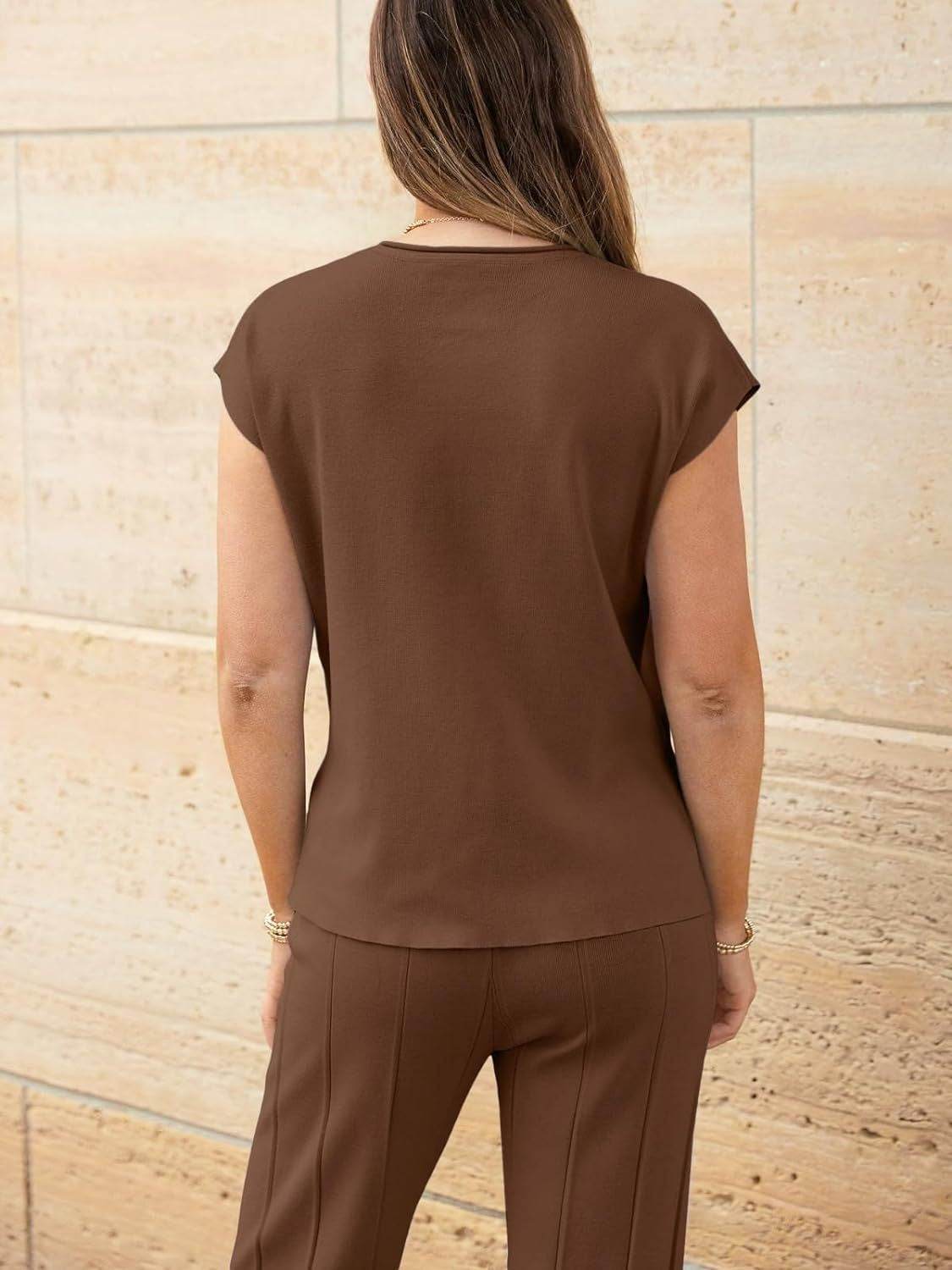 Round Neck Cap Sleeve Top and Pants Knit Set - Delanoir