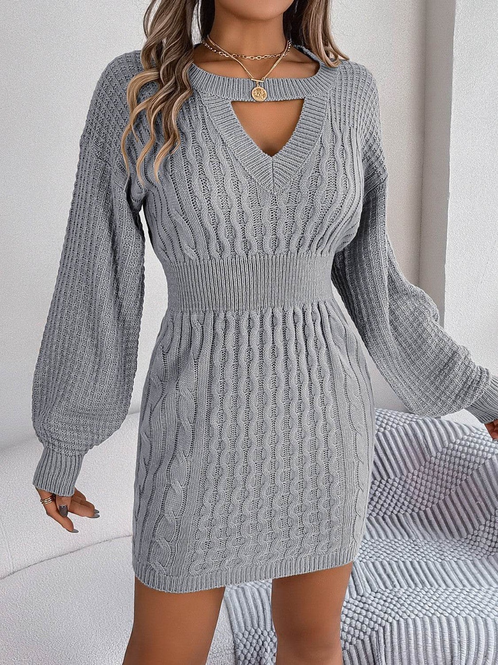 Cable-Knit Cutout Round Neck Slit Sweater Dress - Delanoir