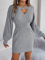 Cable-Knit Cutout Round Neck Slit Sweater Dress - Delanoir