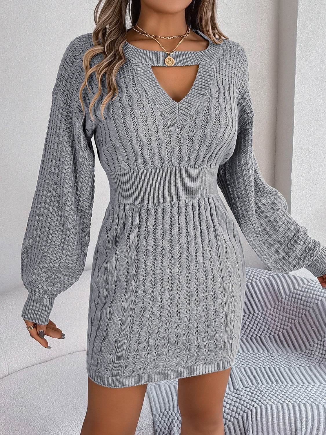 Cable-Knit Cutout Round Neck Slit Sweater Dress - Delanoir