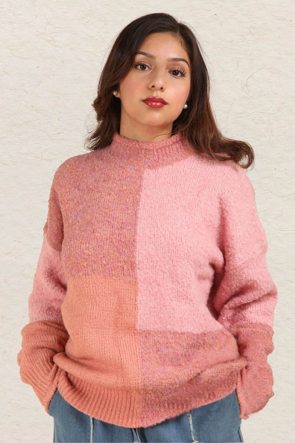 VERY J Color Block Mock Neck Drop Shoulder Sweater - Delanoir