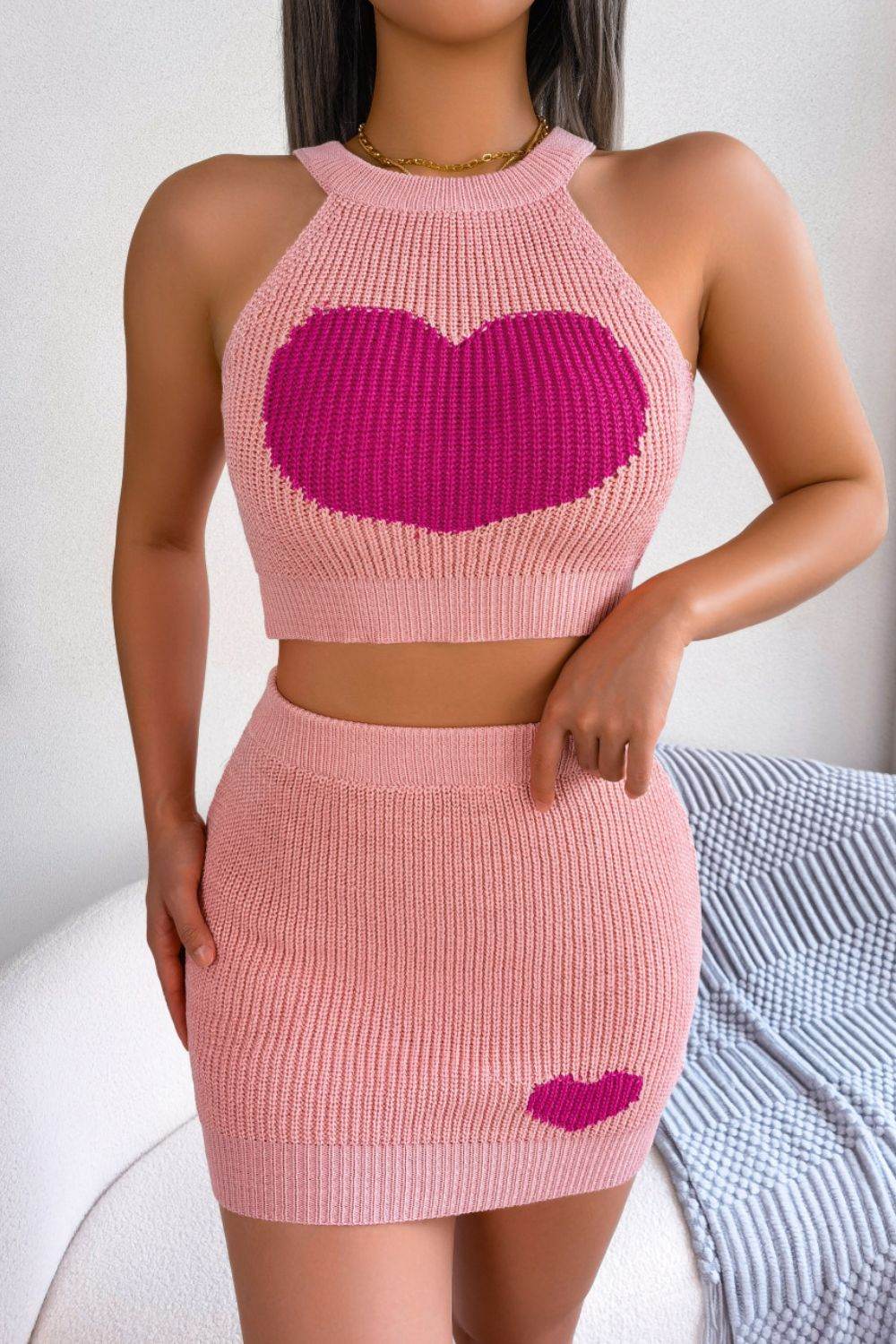 Heart Contrast Ribbed Sleeveless Knit Top and Skirt Set - Delanoir