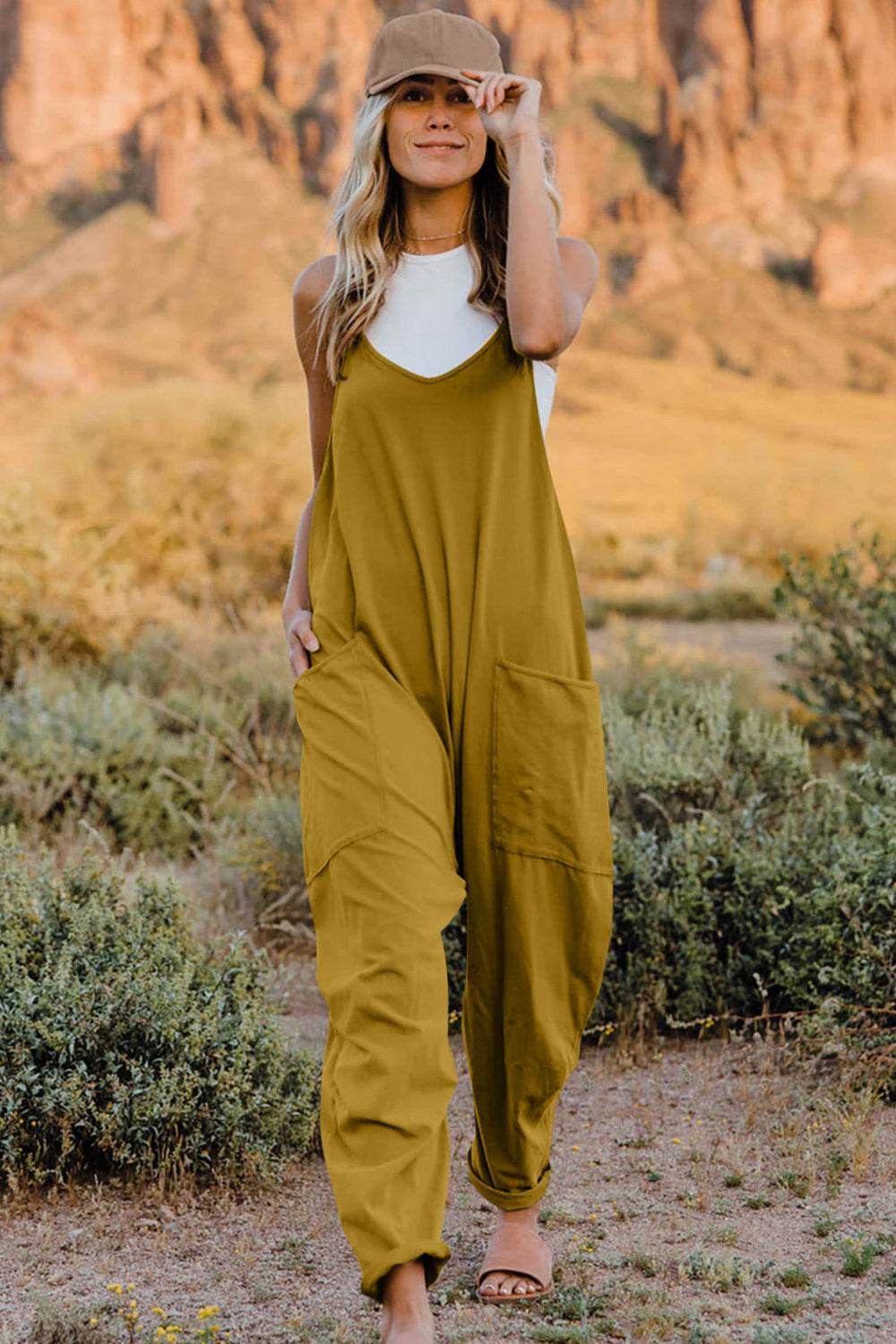 Double Take Full Size V-Neck Sleeveless Jumpsuit with Pockets - Delanoir
