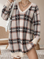 Distressed Plaid V-Neck Long Sleeve Sweater Dress - Delanoir