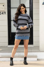 Striped Frayed Hem Round Neck Sweater - Delanoir