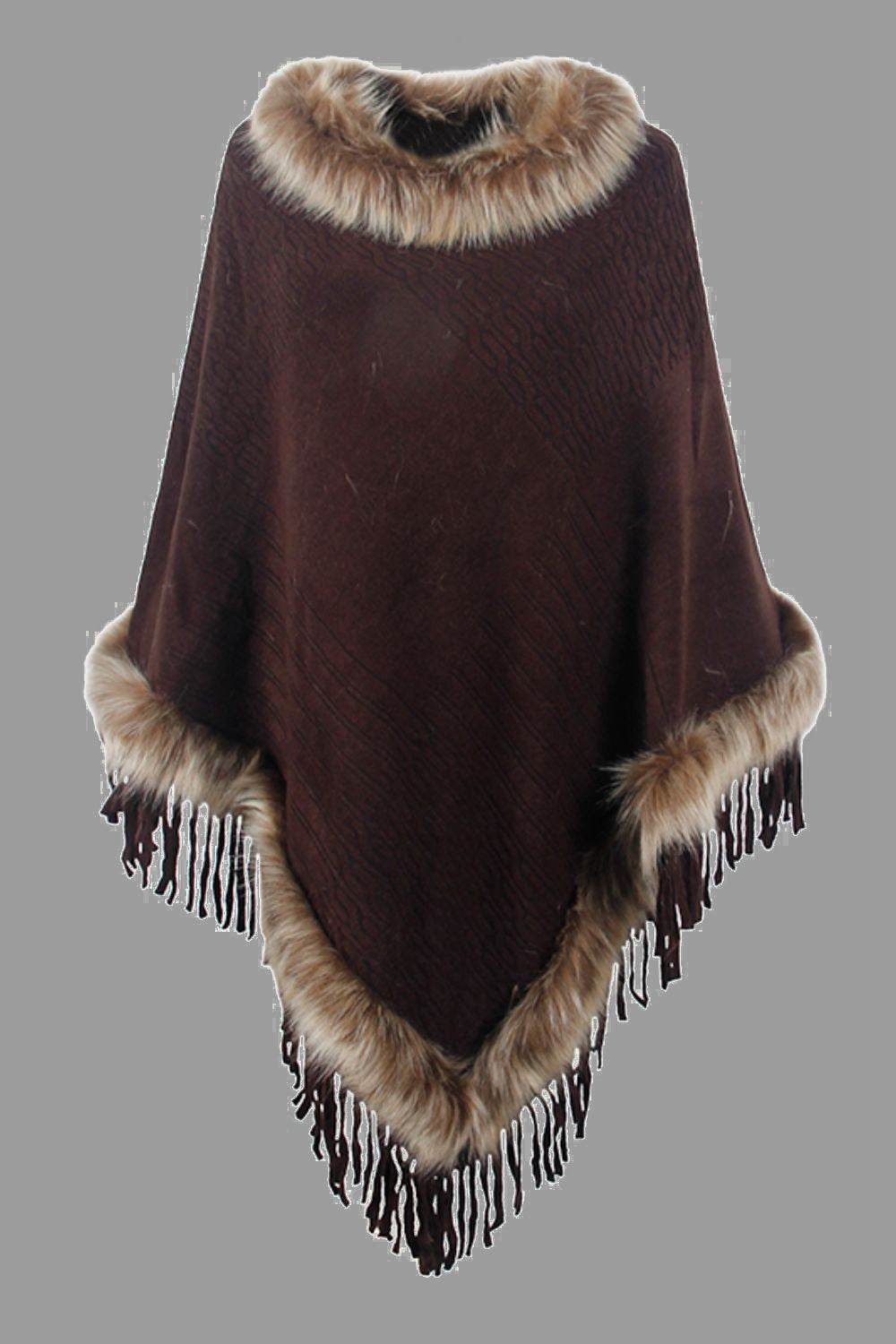 Faux Fur Trim Fringed Poncho - Delanoir
