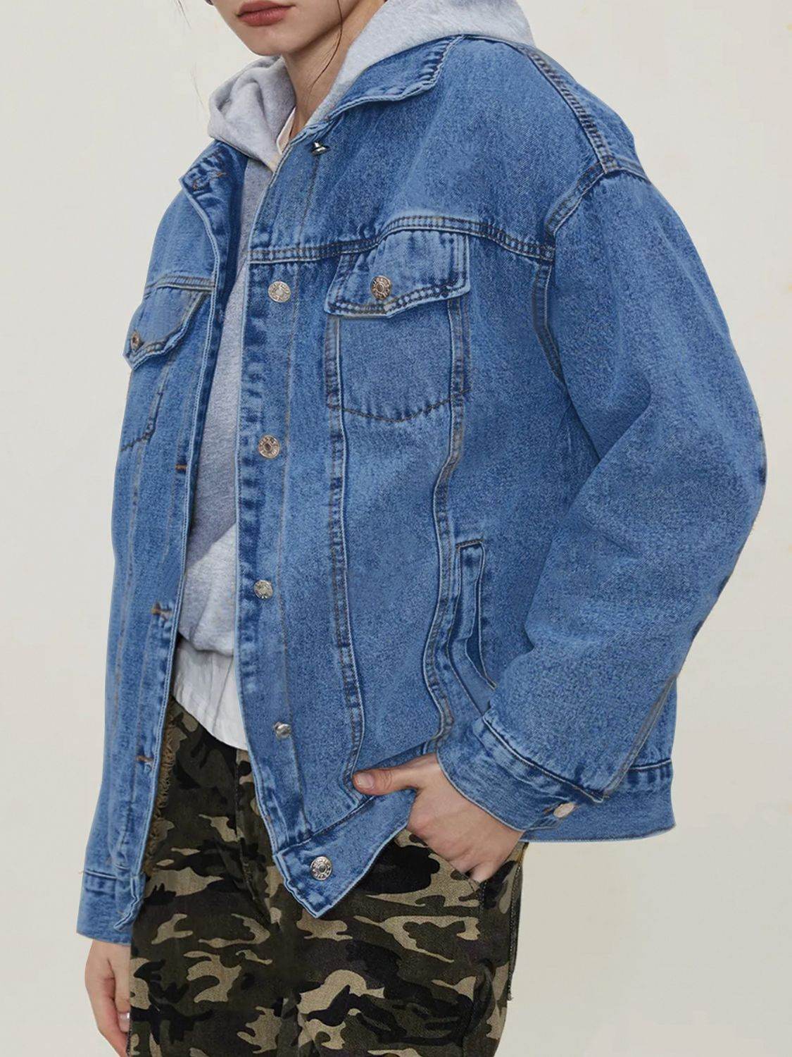 Button Up Collared Neck Long Sleeve Denim Jacket - Delanoir