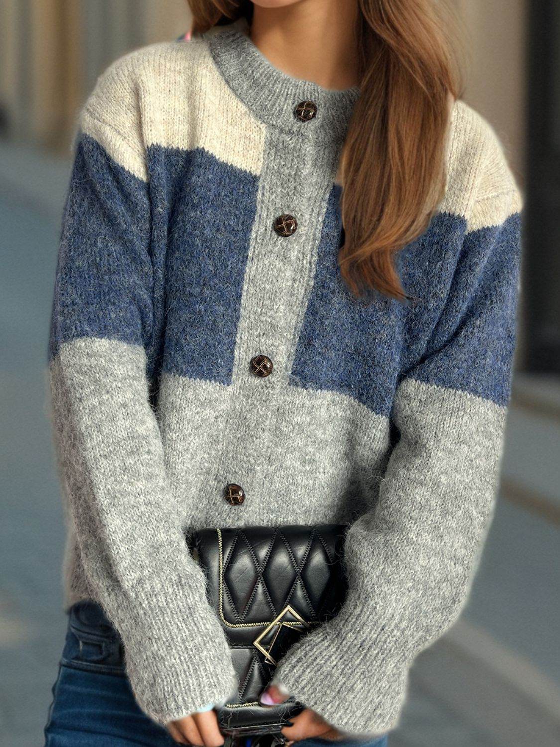 Color Block Round Neck Button Up Cardigan - Delanoir