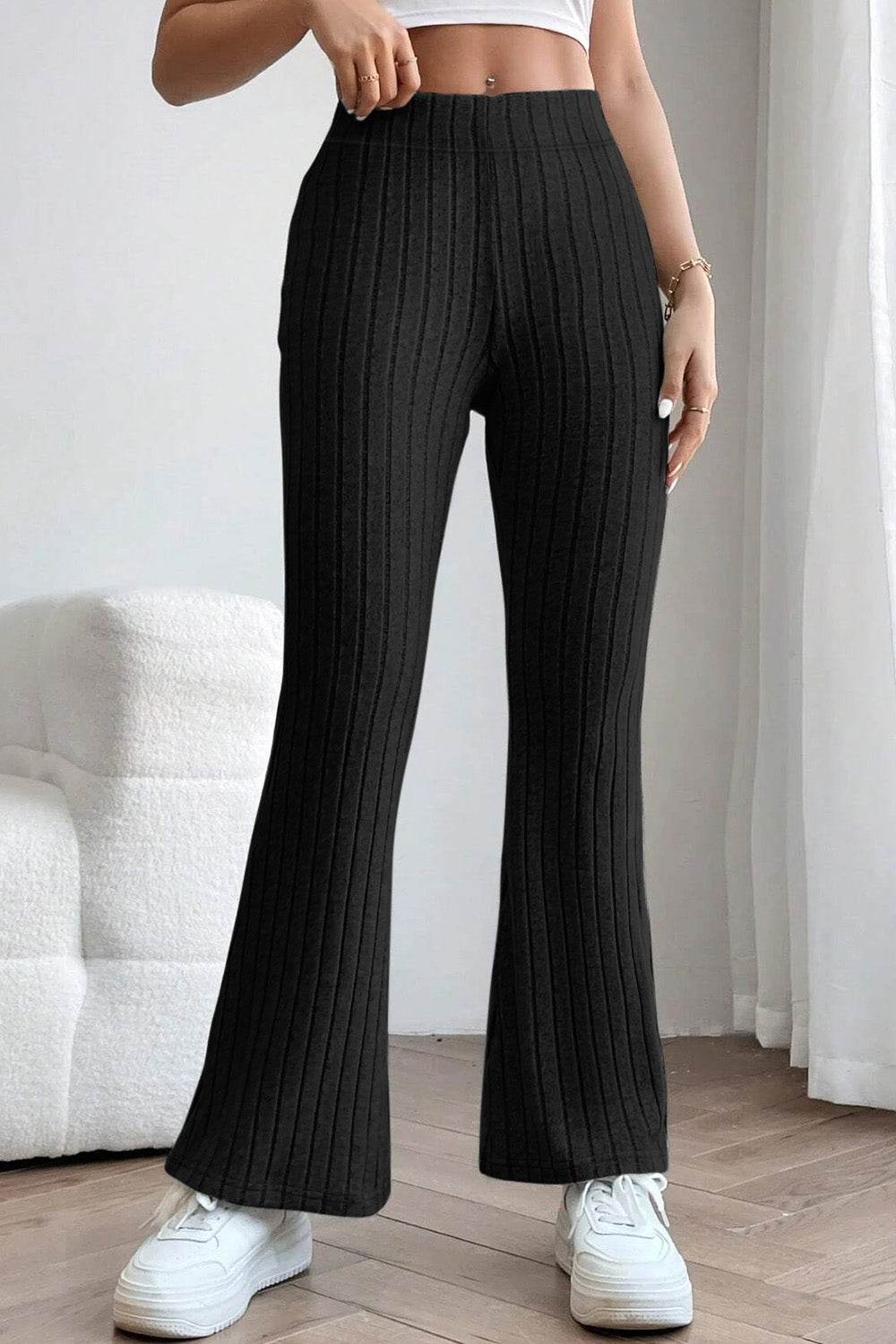 Basic Bae Full Size Ribbed High Waist Flare Pants - Delanoir