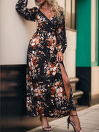 Perfee Slit Printed Surplice Long Sleeve Maxi Dress - Delanoir