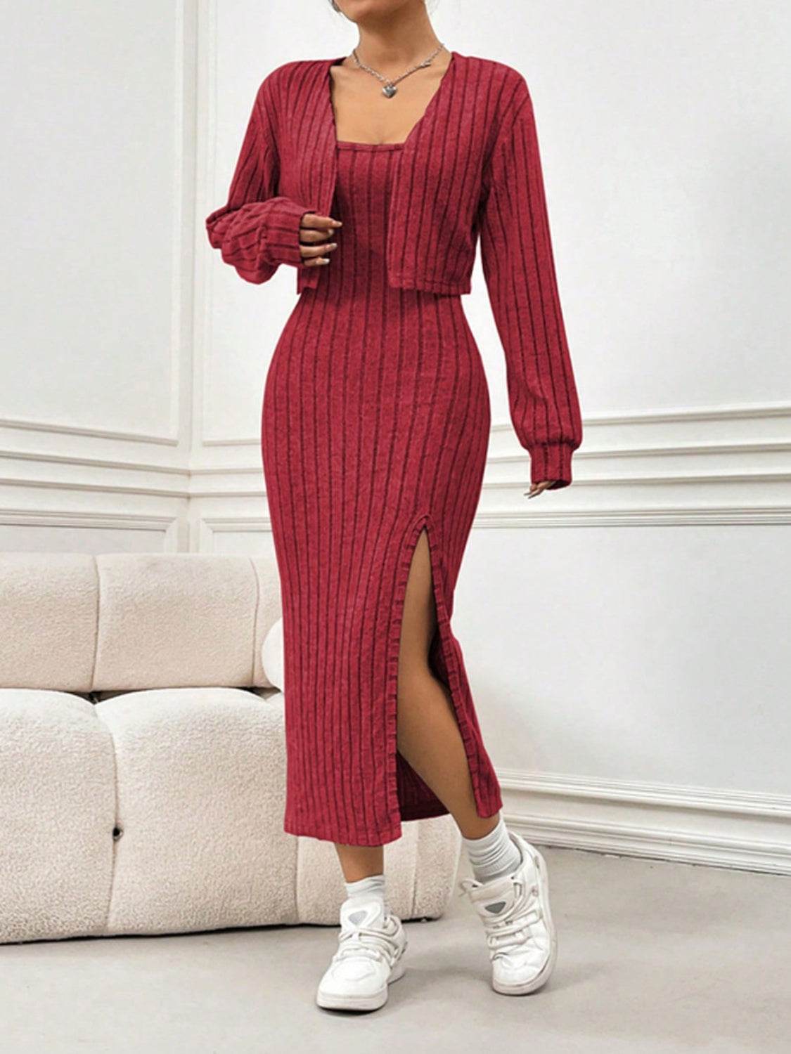 Ribbed Long Sleeve Cropped Cardigan and Slit Cami Dress Set - Delanoir