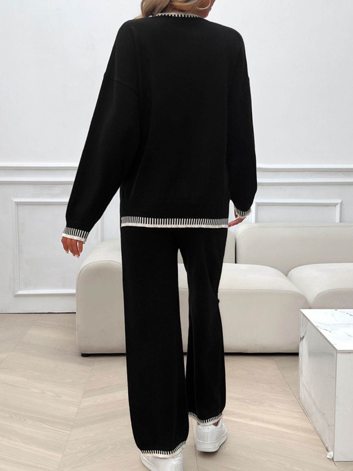 Devine Round Neck Dropped Shoulder Top and Pants Sweater Set - Delanoir