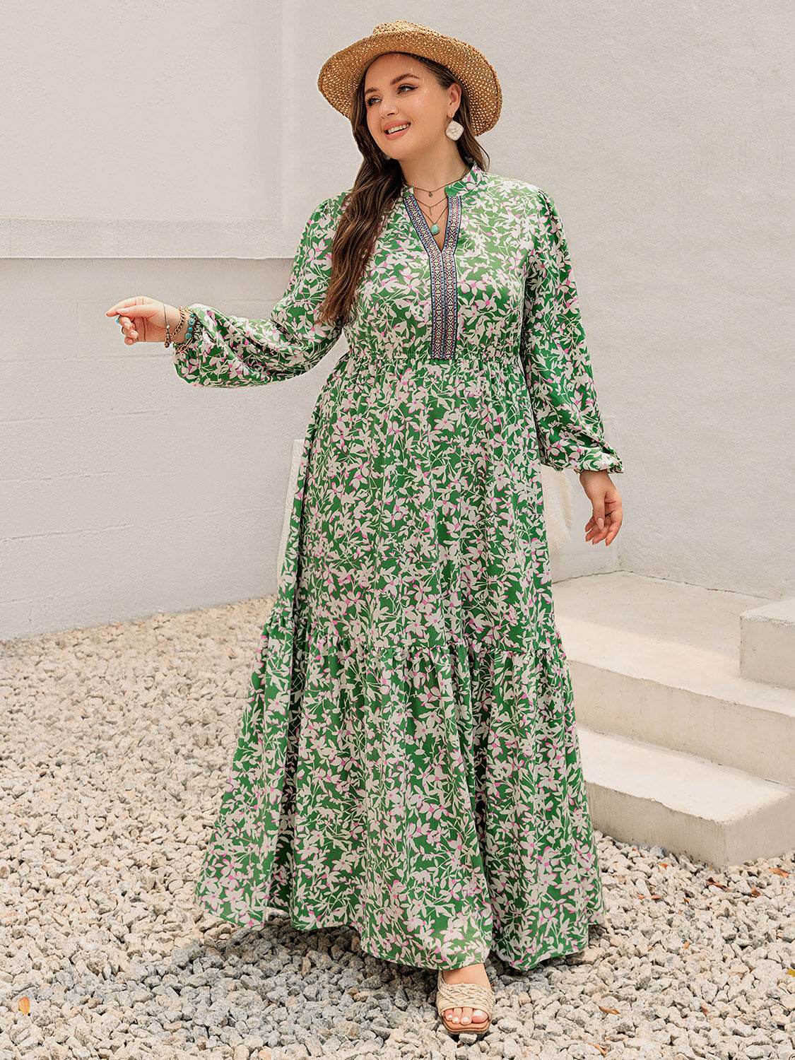 Plus Size Printed Notched Long Sleeve Maxi Dress - Delanoir
