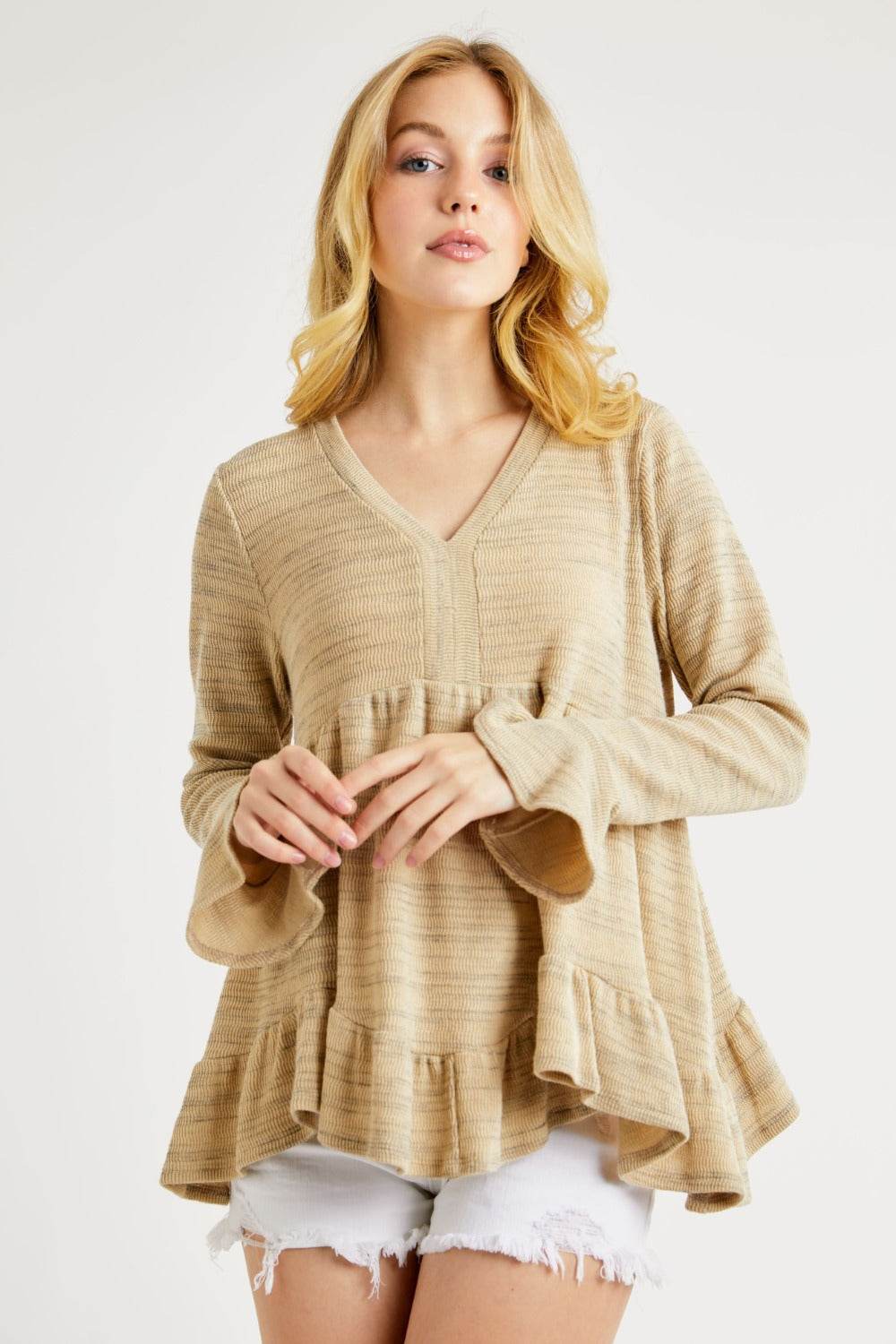 Hailey & Co V-Neck Flounce Sleeve Knit Top - Delanoir