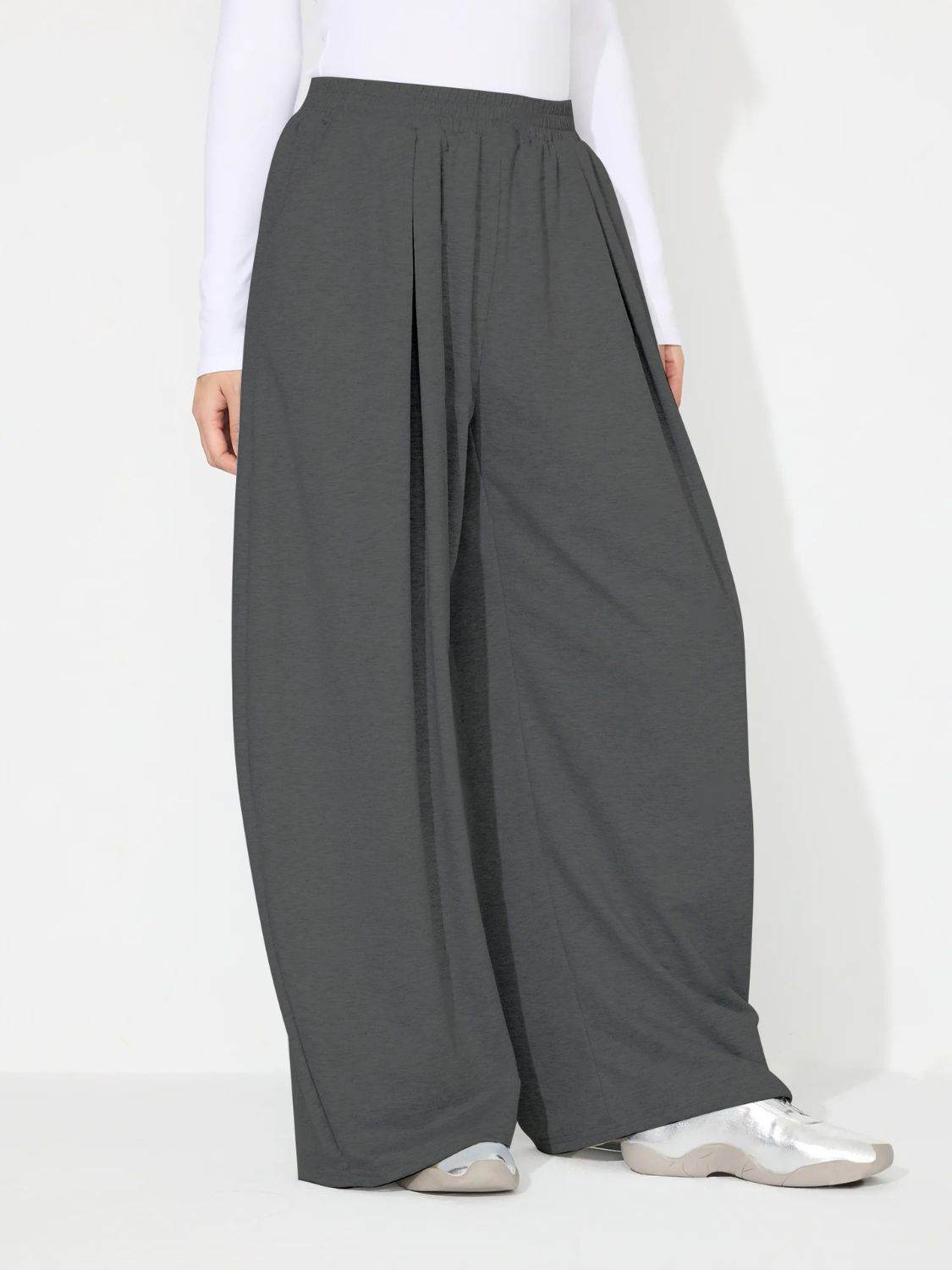 Elastic Waist Wide Leg Pants with Pockets - Delanoir