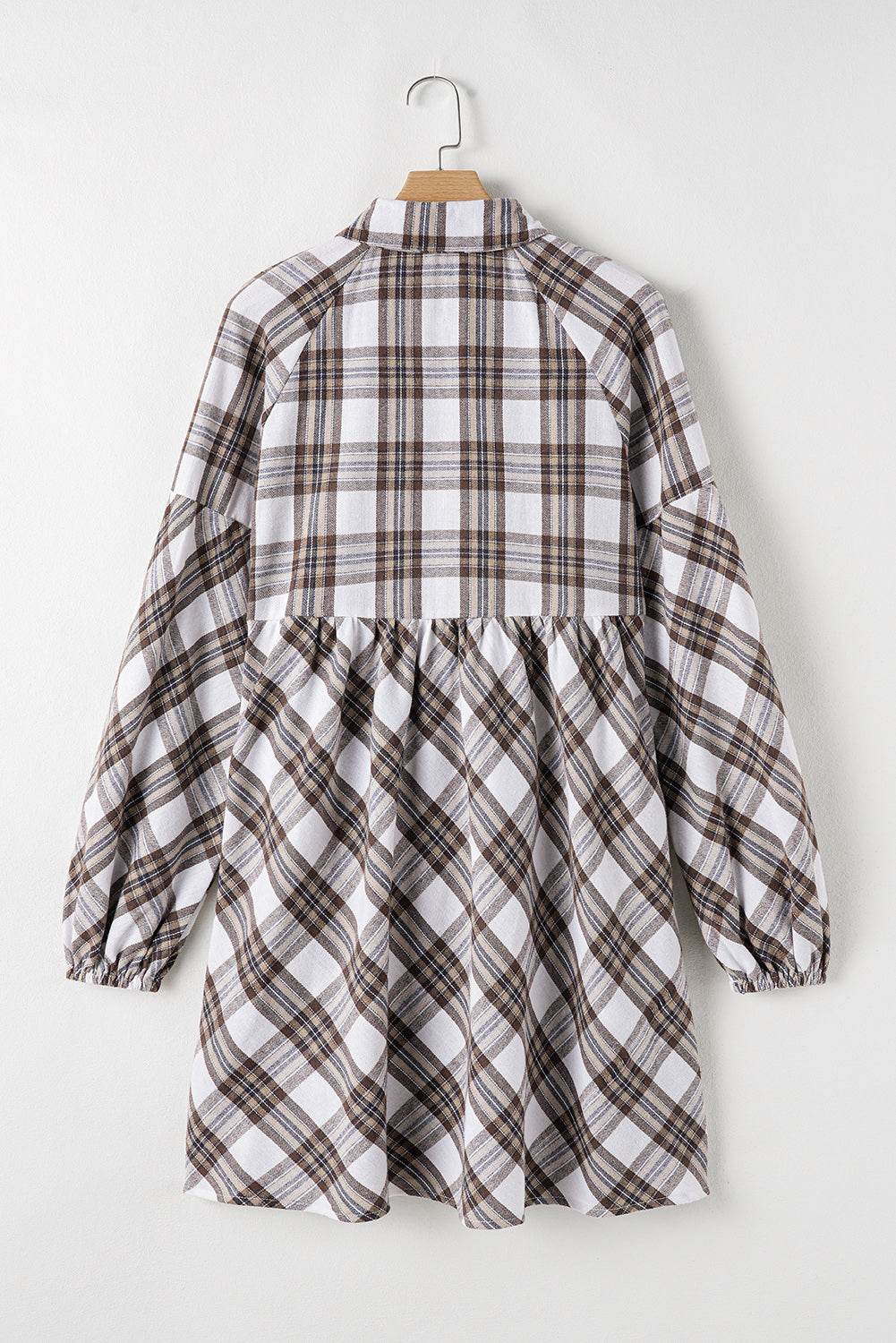Full Size Plaid Collared Neck Balloon Sleeve Mini Shirt Dress - Delanoir