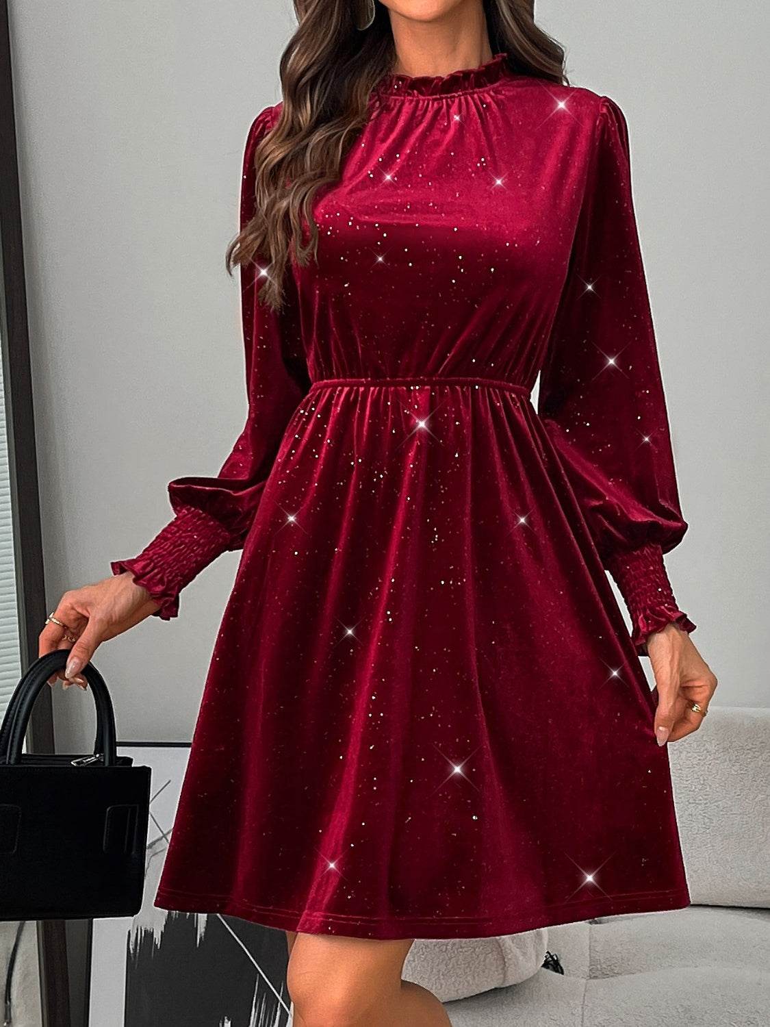 Glitter Mock Neck Long Sleeve Mini Dress - Delanoir