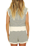 Striped Cap Sleeve Top and Shorts Sweater Set - Delanoir