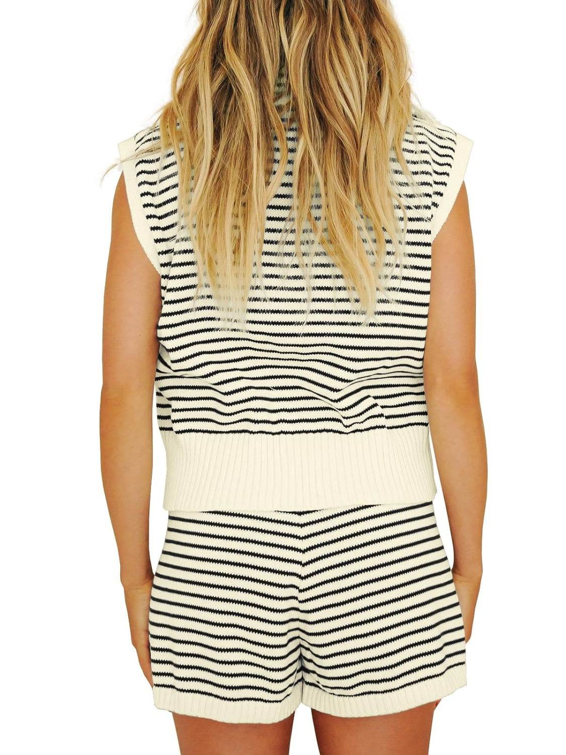 Striped Cap Sleeve Top and Shorts Sweater Set - Delanoir