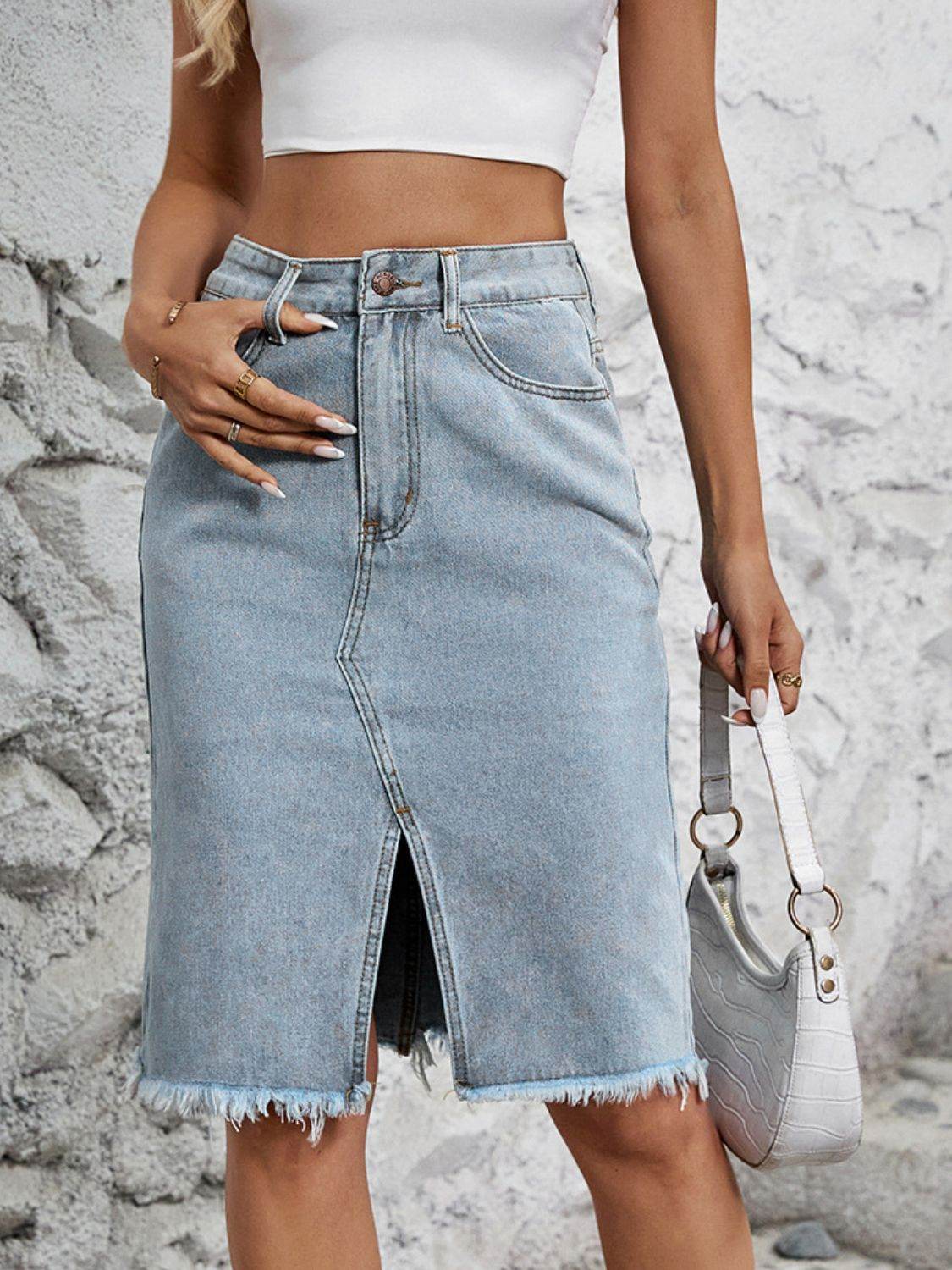 Raw Hem Slit Denim Skirt - Delanoir