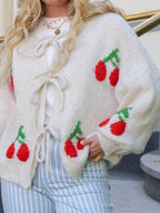 Tied Cherry Round Neck Long Sleeve Cardigan - Delanoir