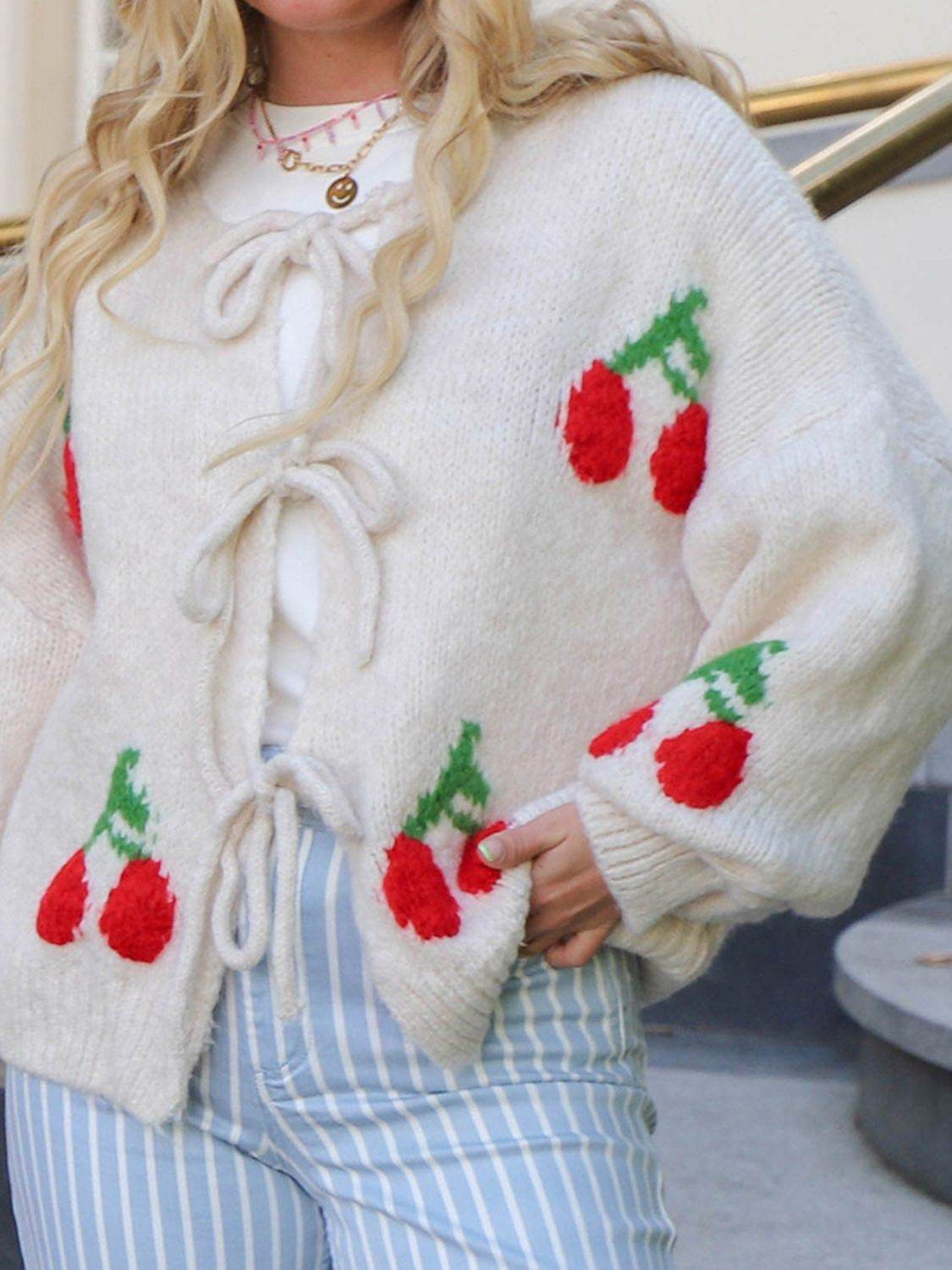Tied Cherry Round Neck Long Sleeve Cardigan - Delanoir