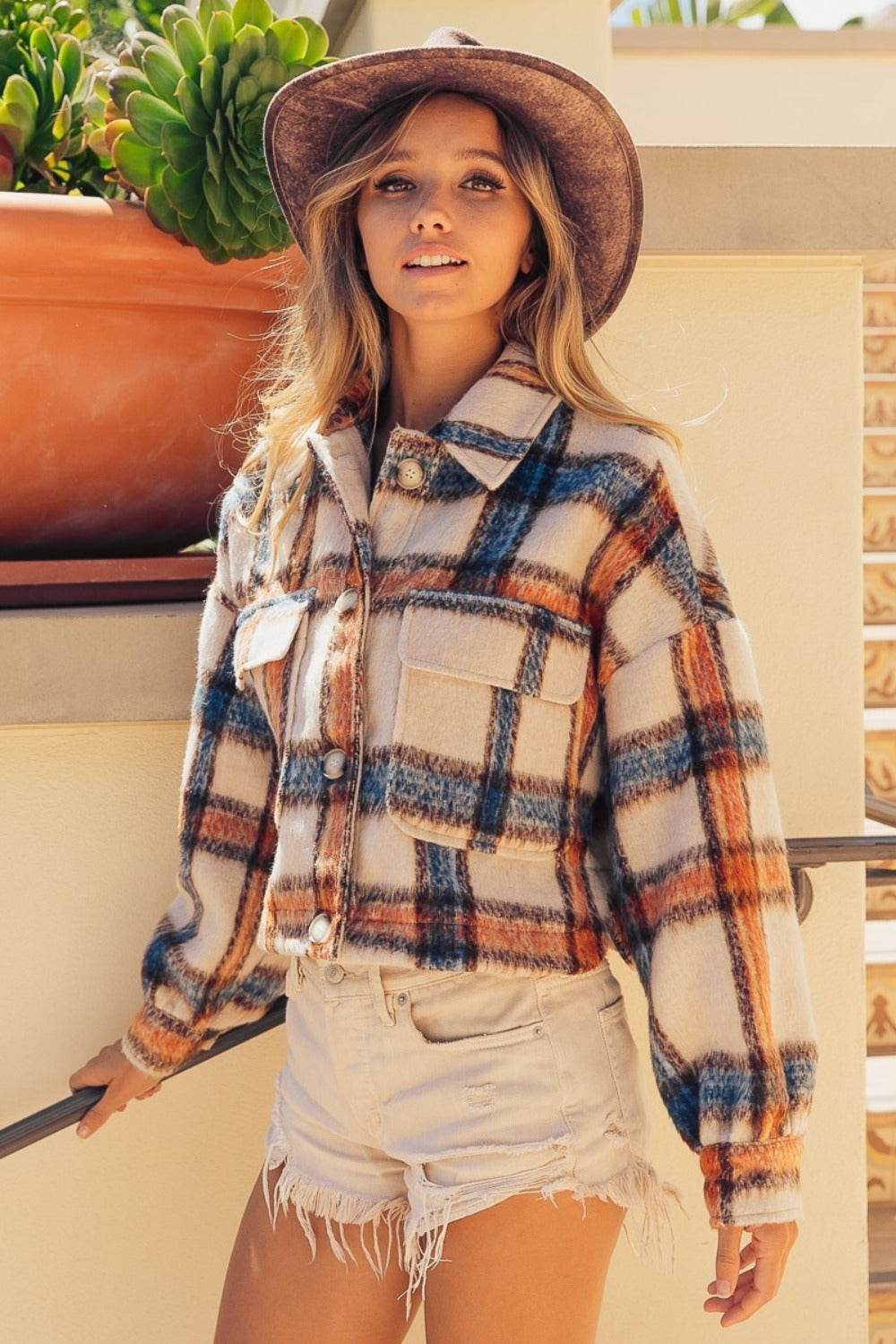 BiBi Brushed Plaid Crop Jacket with Pockets - Delanoir