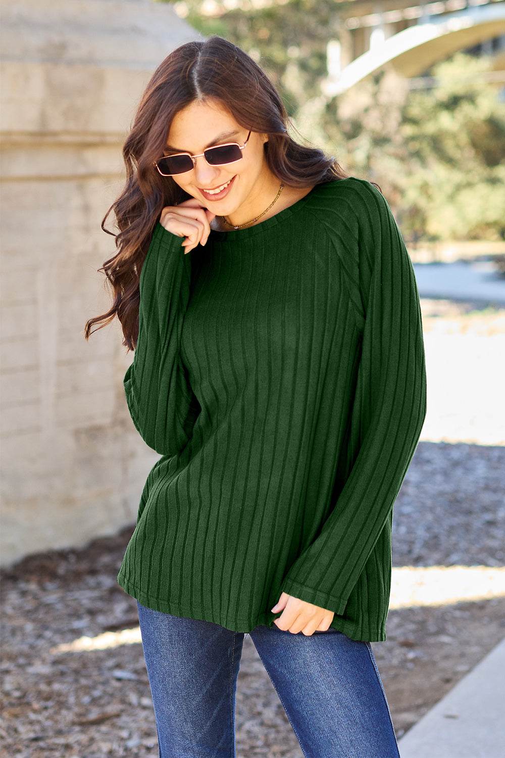 Basic Bae Full Size Ribbed Round Neck Long Sleeve Knit Top - Delanoir