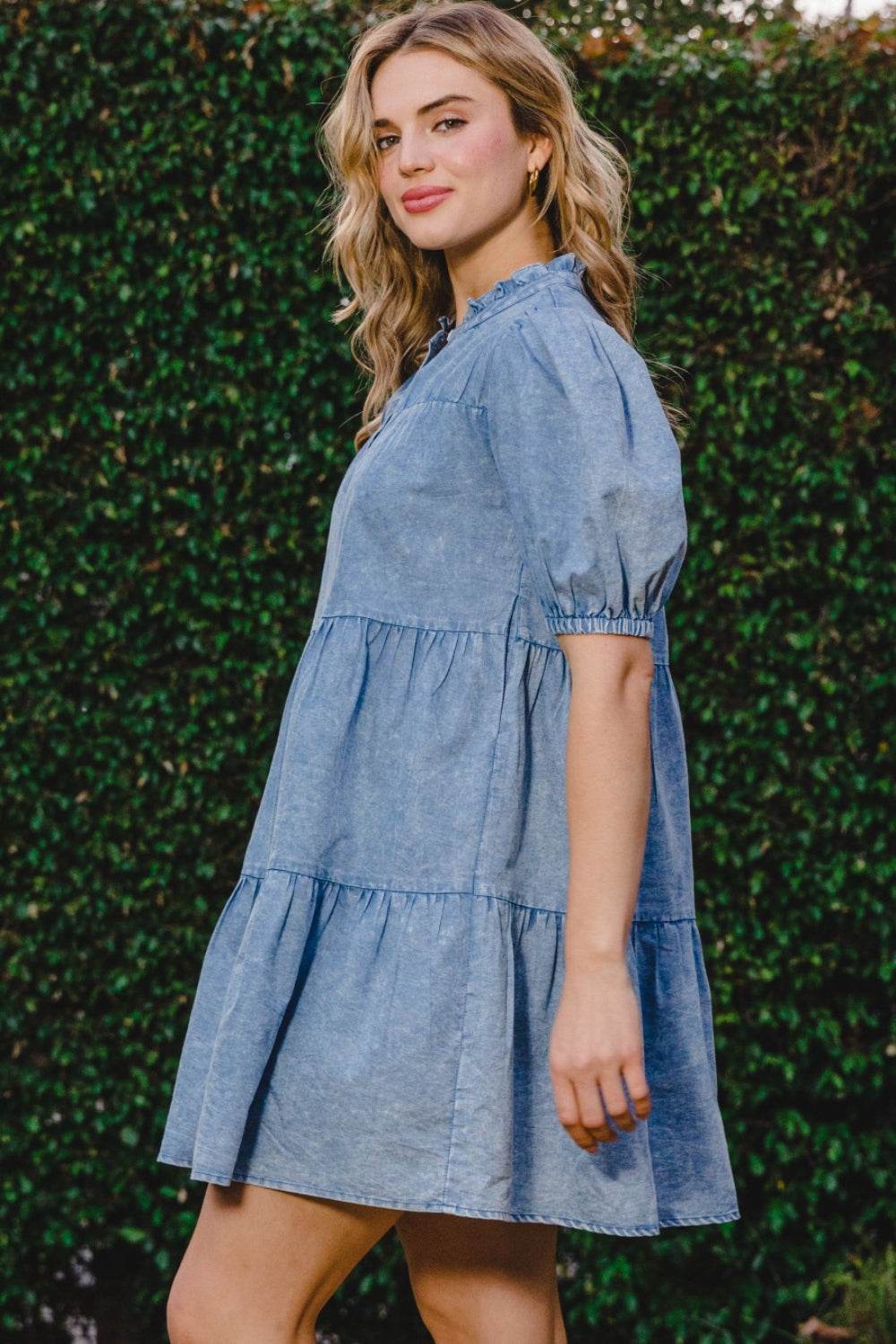ODDI Washed Tiered Mini Denim Dress - Delanoir