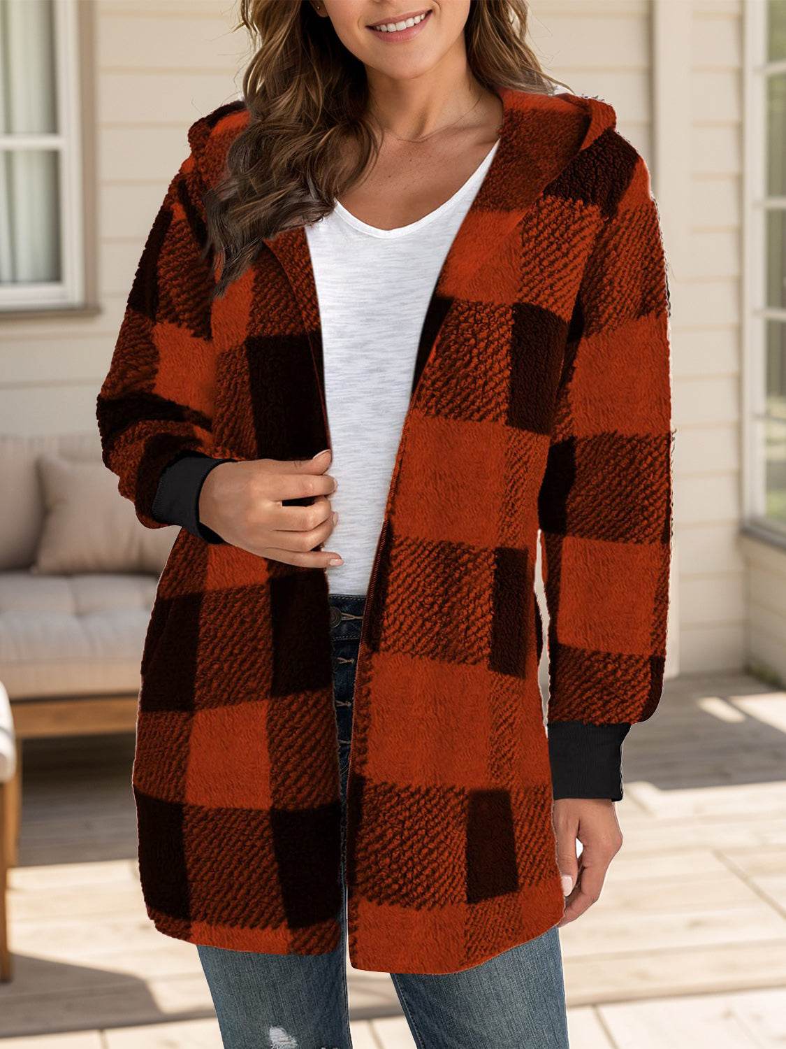 Plaid Long Sleeve Hooded Coat - Delanoir