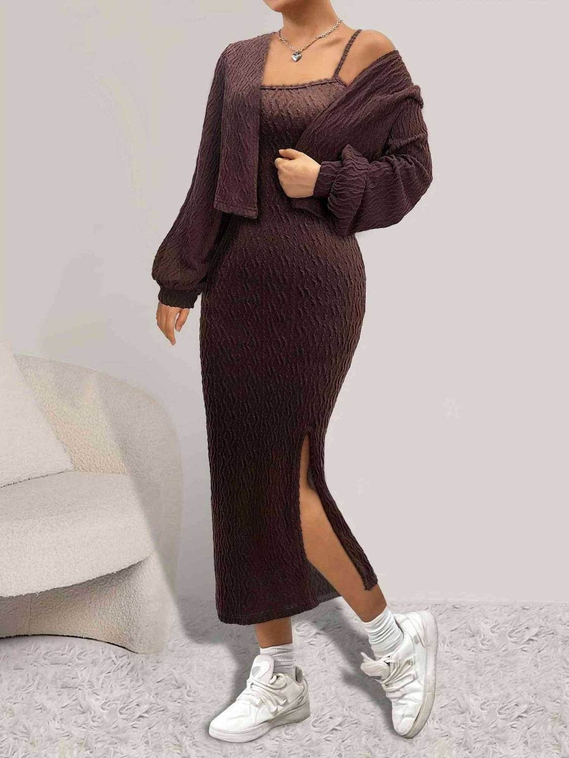 Open Front Long Sleeve Cardigan and Side Slit Cami Dress Set - Delanoir