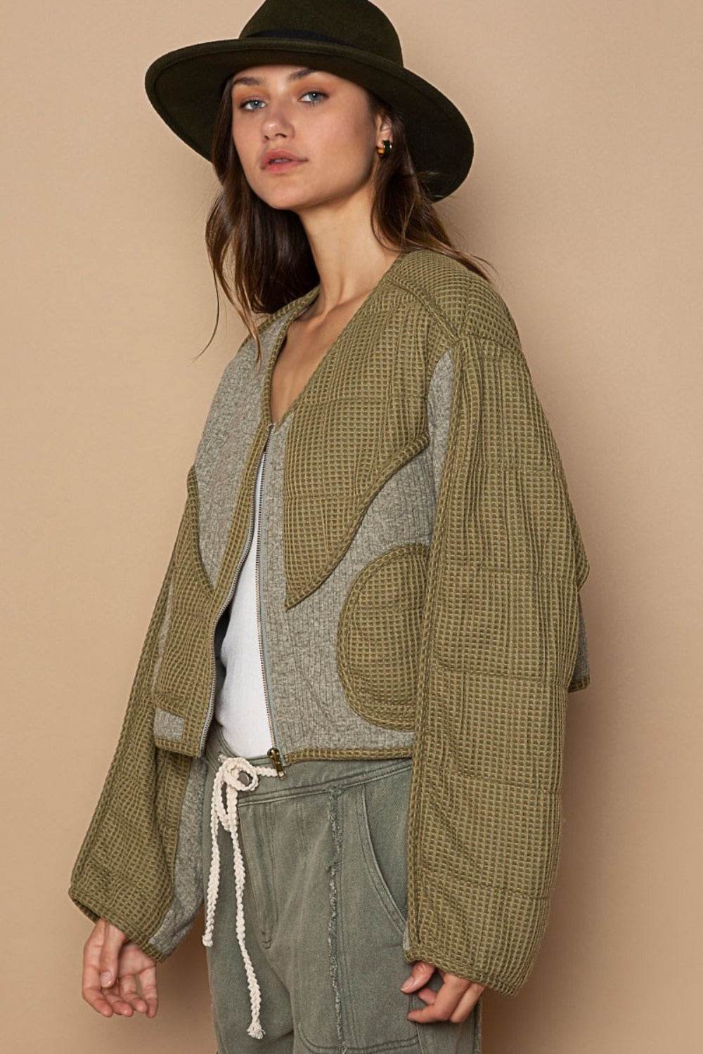 POL Quilted Knit Viding Detail Knit Patch Jacket - Delanoir