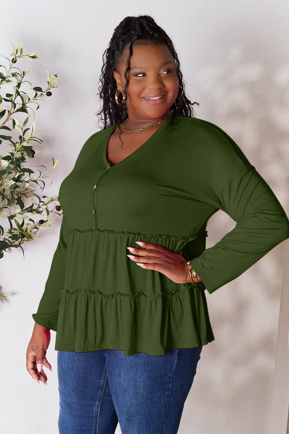 Double Take Half Button Long Sleeve Ruffle Hem Blouse - Delanoir