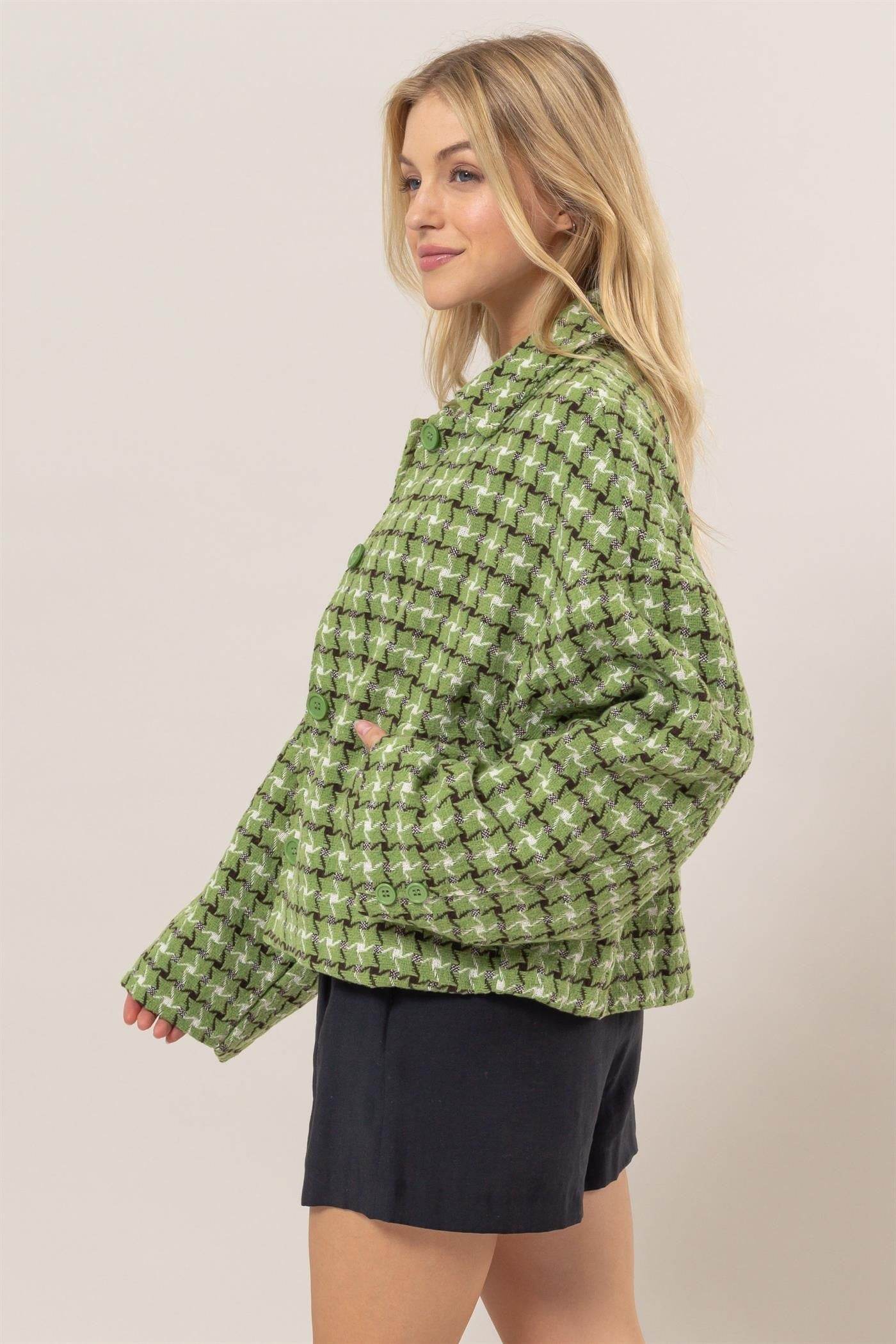 HYFVE Tweed Plaid Button Up Collared Neck Jacket - Delanoir