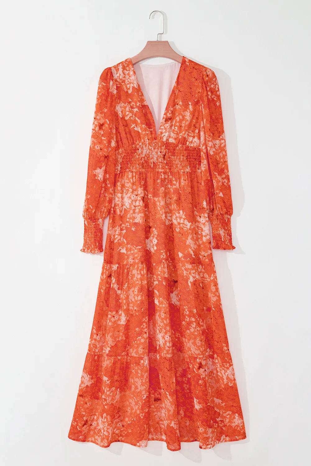 Smocked Printed V-Neck Long Sleeve Dress - Delanoir