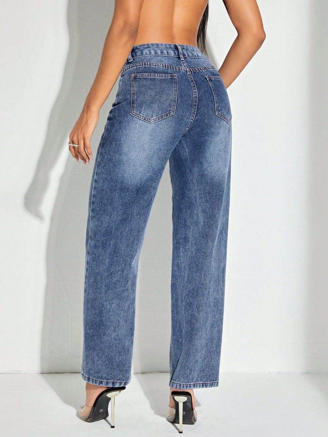 Contrast Patchwork Straight Jeans with Pockets - Delanoir