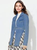 Asymmetric Slit Collared Neck Long Denim Top - Delanoir