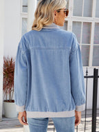 Pocketed Zip Up Baseball Collar Denim Jacket - Delanoir