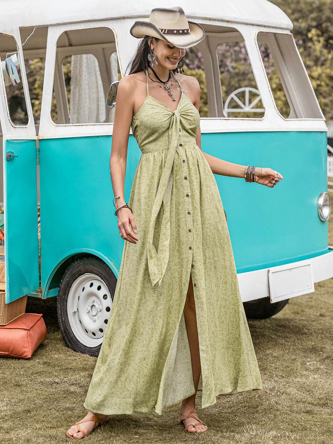 Printed Halter Neck Maxi Dress - Delanoir