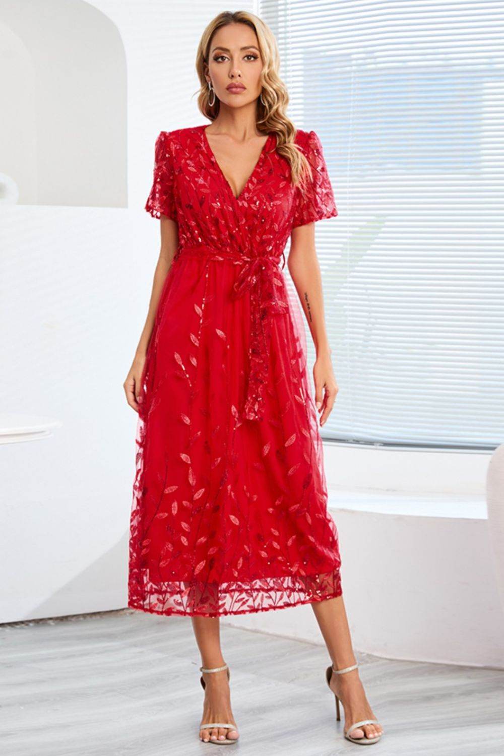 Sequin Leaf Embroidery Tie Front Short Sleeve Dress - Delanoir