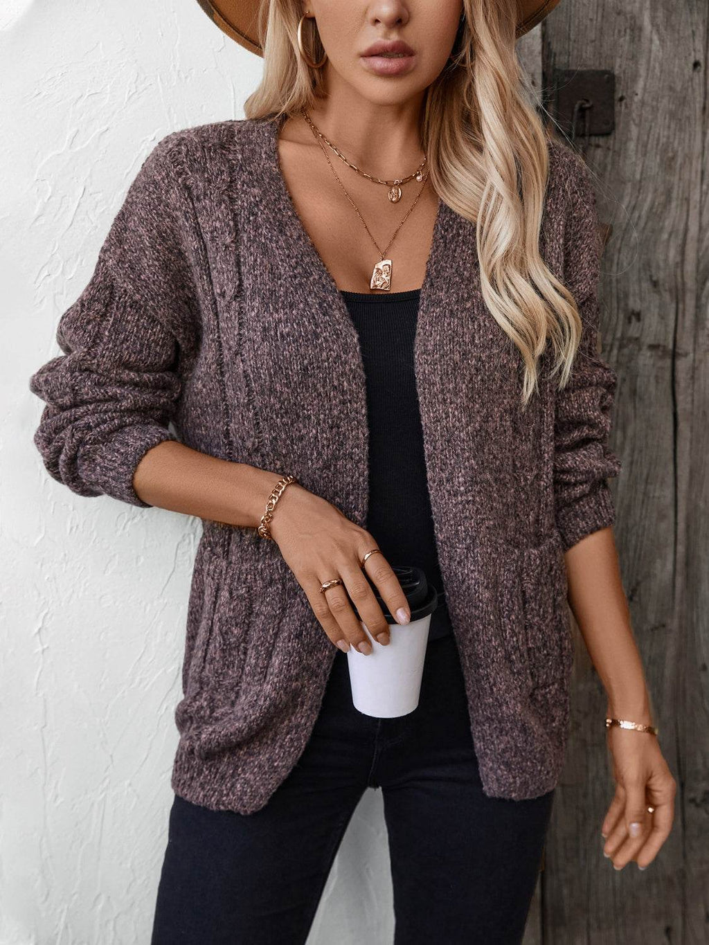 Cable-Knit Open Front Long Sleeve Cardigan - Delanoir