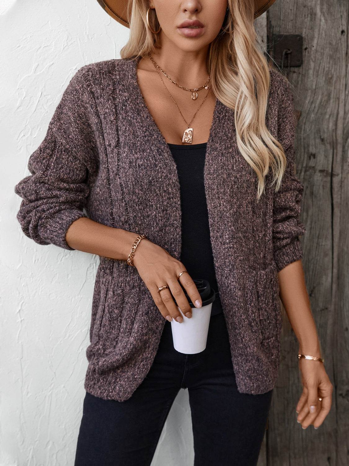 Cable-Knit Open Front Long Sleeve Cardigan - Delanoir